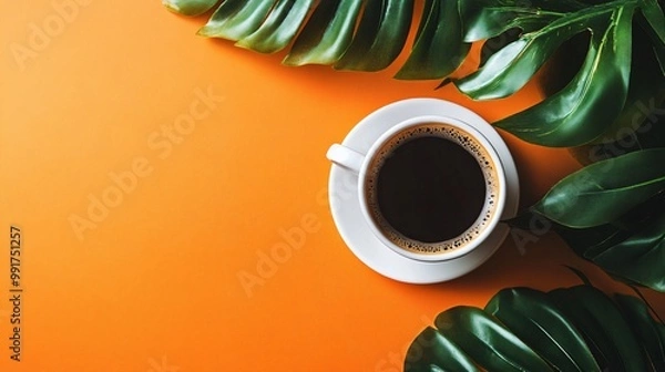 Obraz A cup of coffee with tropical leaves on an orange background.