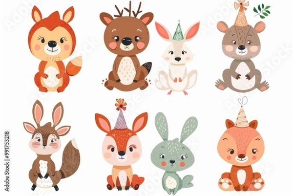 Fototapeta A group of adorable animals dressed in party hats, perfect for use as decorations or illustrations in children's content
