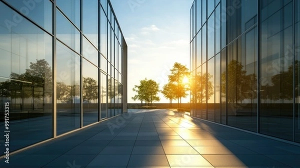 Fototapeta Sun rays penetrate through a narrow passage between smooth glass modern structures, successful business concept