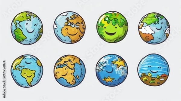 Fototapeta A set of colorful cartoon eggs with various facial expressions