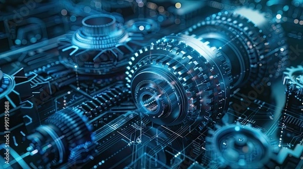 Fototapeta Detailed close-up of interlocking metal gears in motion, showcasing industrial engineering, precision mechanics, and complex machinery parts.
