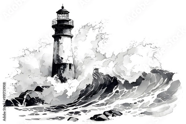 Obraz Lighthouse. Ink sketch of lighthouse in storm. Black and white illustration lighthouse and waves. Watercolor lighthouse.