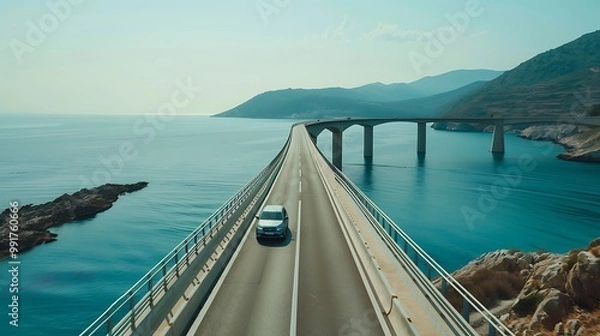 Obraz car traveling on a long bridge that passes above the sea with a great view