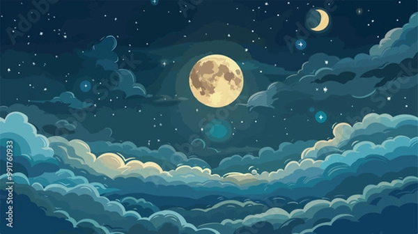 Obraz Full Moon, Stars, and Clouds Dark Midnight