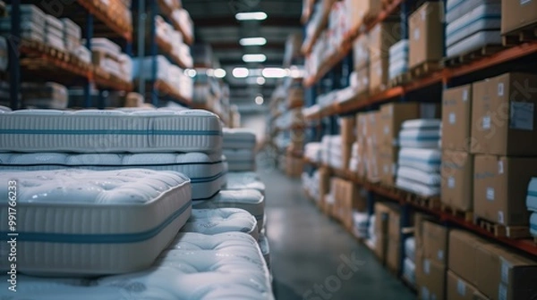 Fototapeta A modern factory showcases automated machinery producing high-quality, ergonomic mattresses. This image is ideal for advertising manufacturing processes and innovations in sleep product design.