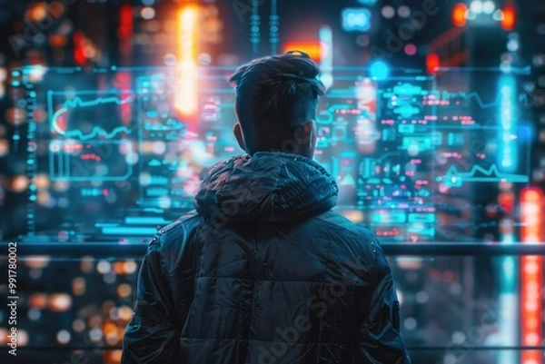 Fototapeta A person standing on the edge of a cityscape, illuminated by streetlights and building lights