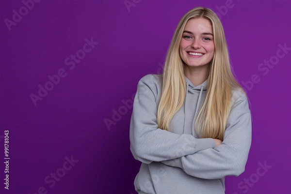 Obraz Student in hoodie and sweatpants against purple background with confident smile