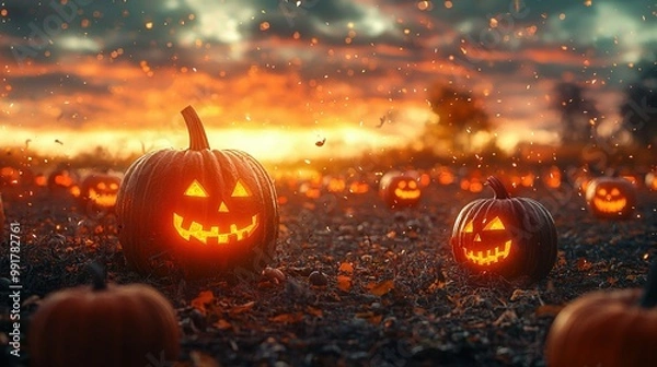Obraz   Jack o'lantern pumpkins on a field by a tree-filled forest