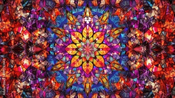Fototapeta A beautifully crafted kaleidoscopic pattern featuring vibrant colors and ornate motifs, offering a visually stunning backdrop for desktop or interior design.