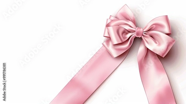 Fototapeta A realistic, shiny pink satin bow with ribbon is placed in the corner, casting a shadow, perfect for decorating your greeting card