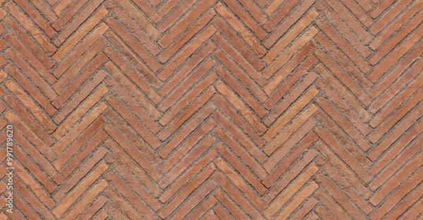 Fototapeta Old brick floor texture. Herringbone bricks. Seamless pattern. Texture for background or realistic rendering.