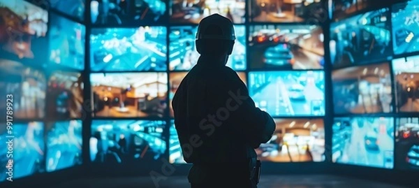 Fototapeta A vigilant security guard attentively observes multiple CCTV screens, ensuring the safety of the premises by monitoring various activities with keen awareness.