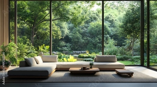 Obraz A 3D rendering of a modern living room with a garden view.There are big windows that look out over the surrounding landscape and garden.