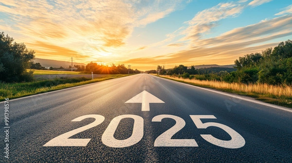 Fototapeta A long, straight road stretches into the horizon at dawn, with "2025" painted in bold white letters on the asphalt, a large arrow pointing forward, and the sunrise casting a golden