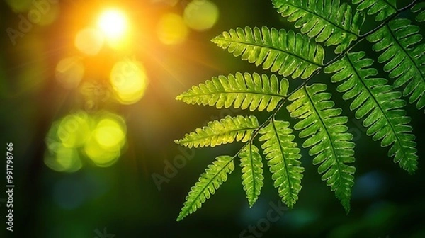 Fototapeta   A sunbeam illuminates a green foliage detail, while the focal distance is blurred for a hazy tree background
