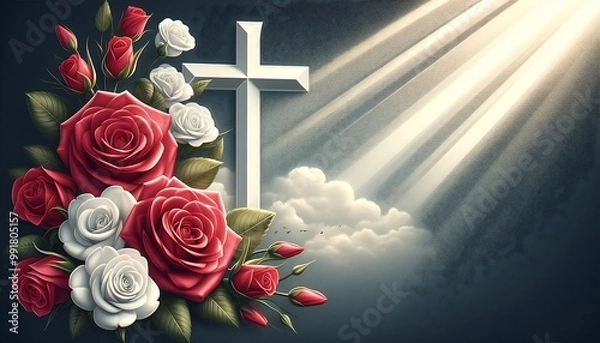 Obraz card with christian cross with roses and place for text with generative AI creation