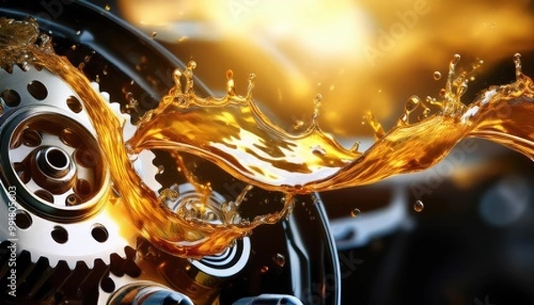 Fototapeta Oil wave splashing in Car engine with lubricant oil. Concept of lubricate motor oil and Gear 