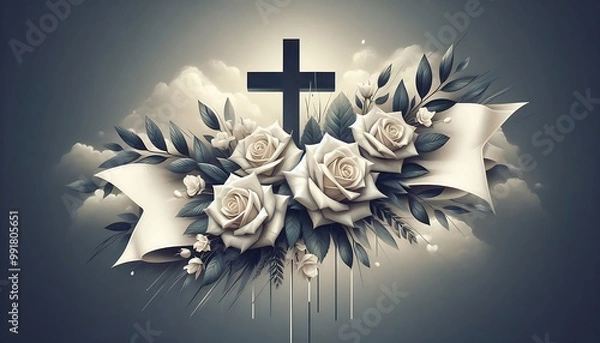 Fototapeta card with christian cross with roses and place for text with generative AI creation