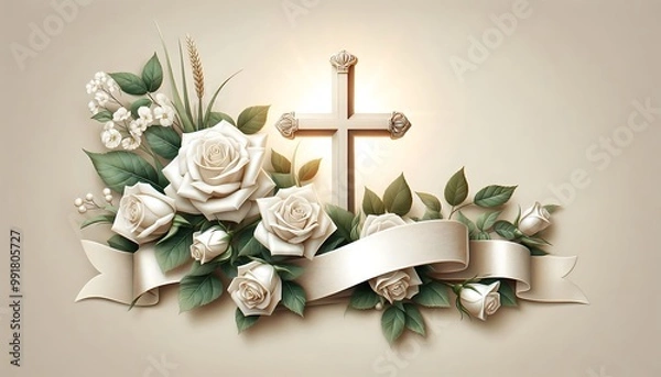Obraz card with christian cross with roses and place for text with generative AI creation