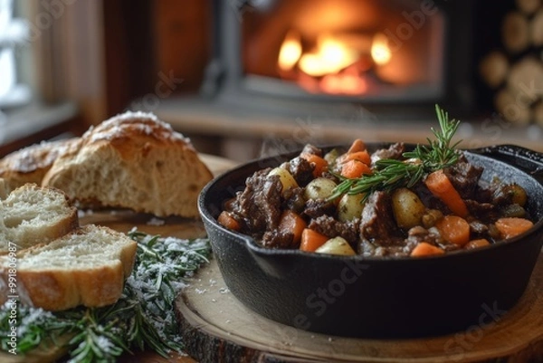 Fototapeta Hearty Winter Beef Stew with Root Vegetables in a Rustic Setting