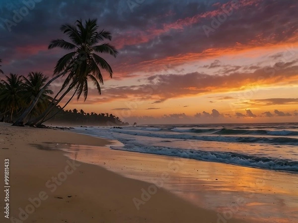 Fototapeta Stunning beach sunset with swaying palm trees and a colorful sky.