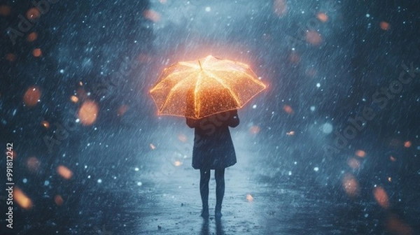Fototapeta Conceptual image of hope and resilience represented by a glowing umbrella in a storm