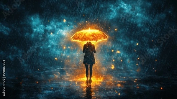 Fototapeta Rainstorm of emotions visualized with a protective umbrella glowing with warmth