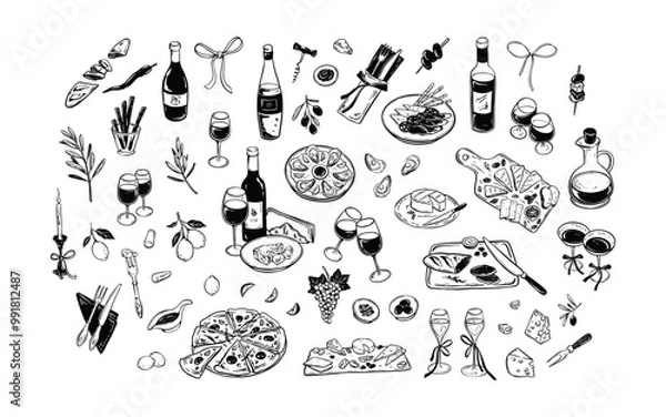 Fototapeta Minimalist food and wine linocat vector illustrations set. La Dolce vita style. Mediterranean, greek, Italian restaurant menu design background. Slow living concept. Girly summer picnic, charcuterie