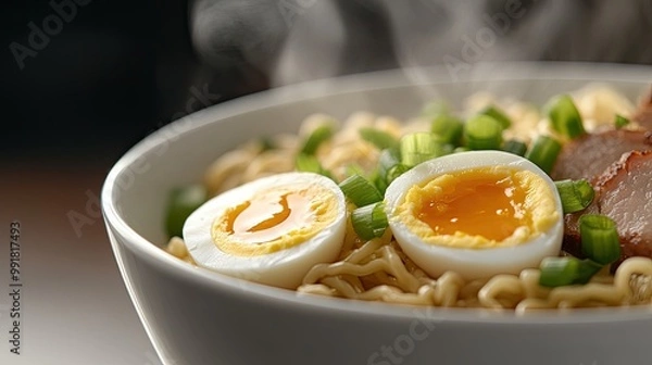 Fototapeta Delicious Ramen Bowl with Soft Boiled Eggs and Greens