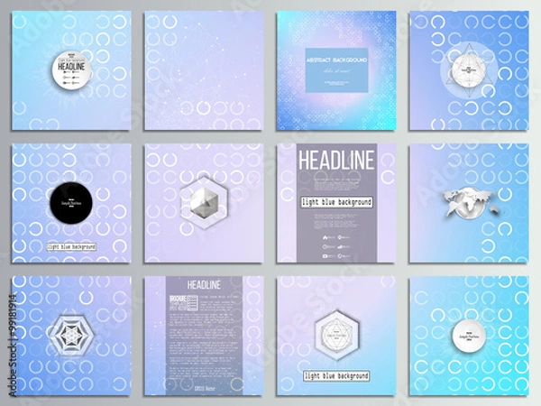 Obraz Set of 12 creative cards, square brochure template design. Abstract white circles on light blue background, vector illustration