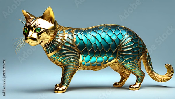 Fototapeta a metallic-colored cat with a visible fishbone structure inside its body