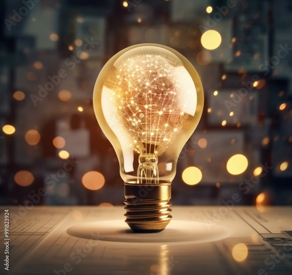Fototapeta Glowing Light Bulb with Network Pattern - Innovation Concept