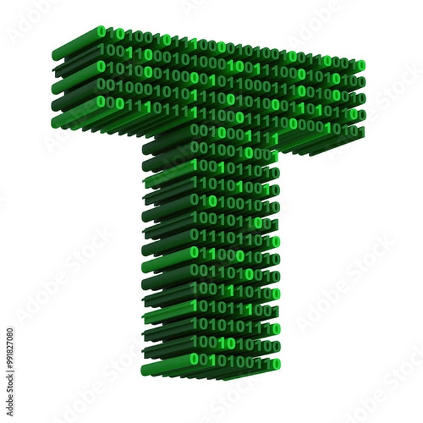 Fototapeta 3D isometric letter T font made from binary code digits on transparent background PNG