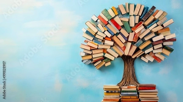 Obraz A tree made of books, with colorful leaves and various sizes representing different techniques for teaching reading skills