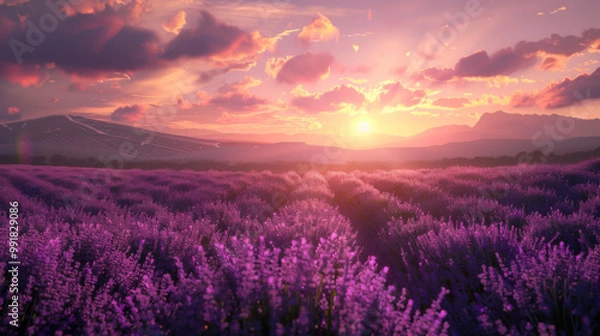 Fototapeta A field of lavender flowers with a sun setting in the background. The sky is filled with clouds and the sun is shining brightly.