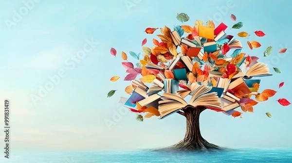 Obraz A tree made of books, with colorful leaves and various sizes representing different techniques for teaching reading skills