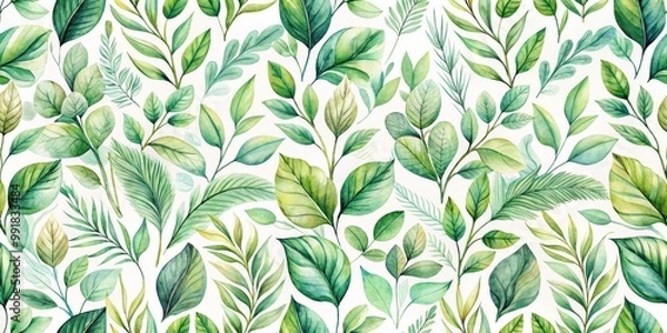 Fototapeta Watercolor Green Leaf Pattern, Seamless, Floral, Botanical, Background, Nature, White