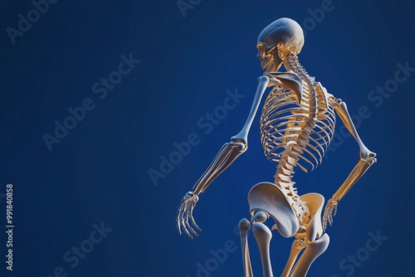 Obraz Artistic render of a human skeleton against a blue background, showcasing the intricate design and structure of the skeletal system in an isolated environment.