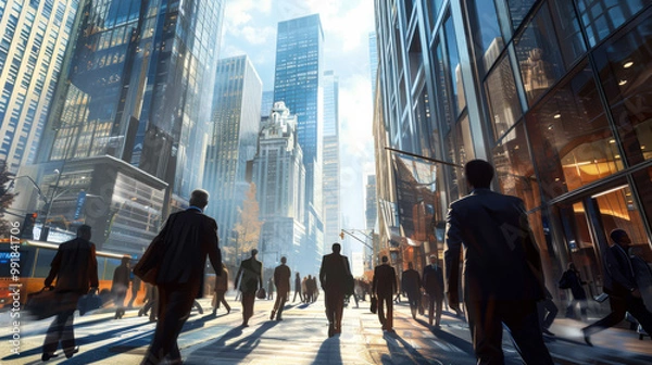 Fototapeta Business professionals walk through a bustling urban street in a modern city during late afternoon hours