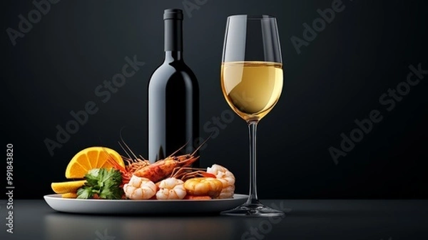Fototapeta Seafood Delights: A tantalizing still life featuring a plate of succulent shrimp, accompanied by a glass of chilled white wine and a bottle of red. The scene evokes a sense of refined dining.