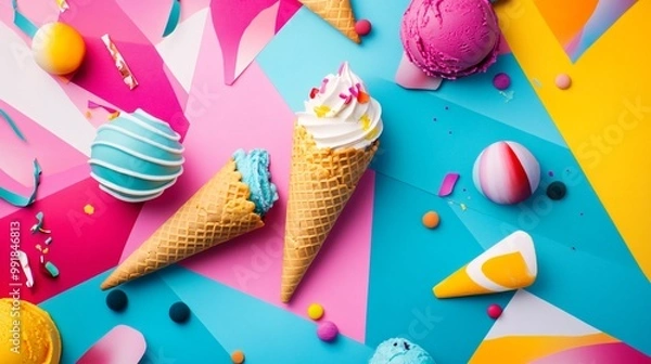 Obraz Colorful ice cream cones with sprinkles on pink, blue and yellow background.