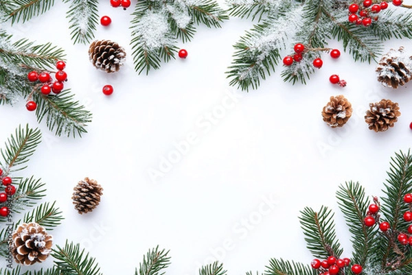 Fototapeta Pine branches, red berries, and pinecones on white background, winter holiday frame with copy space