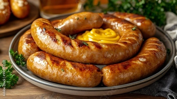Fototapeta A plate of weisswurst sausages with pretzel and mustard, set against a soft wooden table background in a beer tent