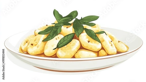 Fototapeta A plate of gnocchi with sage brown butter sauce, flat color illustration