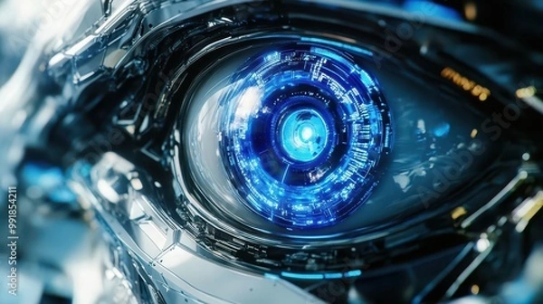 Obraz closeup of futuristic robotic eye intricate mechanical iris glowing blue digital elements reflective surfaces hightech and detailed blend of organic and synthetic design