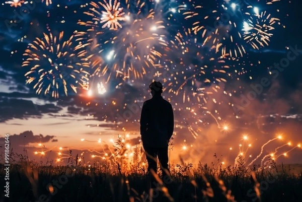Fototapeta Silhouette of a person watching a vibrant fireworks display against a dark night sky.