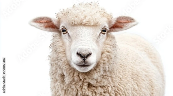 Fototapeta fluffy sheep isolated on pure white background detailed wool texture gentle expression and soft lighting highlighting its form