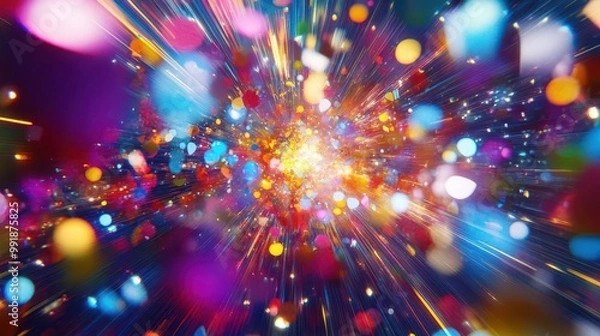 Fototapeta kaleidoscopic explosion of vibrant confetti and light streams morphing into fantastical party creatures swirling in a cosmic disco ball universe