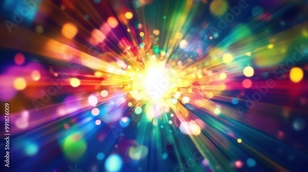 Fototapeta kaleidoscopic lens flare explosion vibrant rainbow hues blur and blend ethereal light rays pierce through darkness abstract background perfect for highenergy design concepts