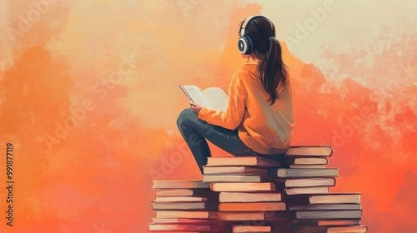 Obraz a girl sits on books, illustration, a girl sits on books and listens to music, a student listens to music while sitting on books 
